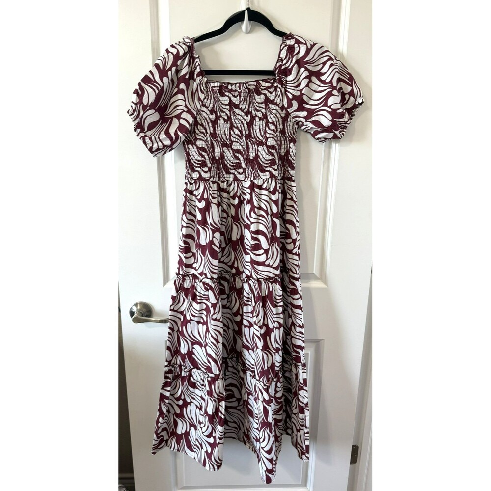 Anthropologie Meadow Rhodes Dress PM Maroon White Patterned Smocked Tiered Maxi